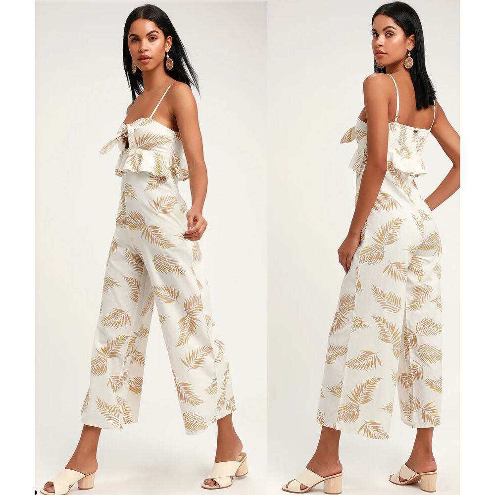 🔴Billabong x Sincerely Jules Twist Flirt White Palm Print Tie-Front Jumpsuit - Picture 1 of 10